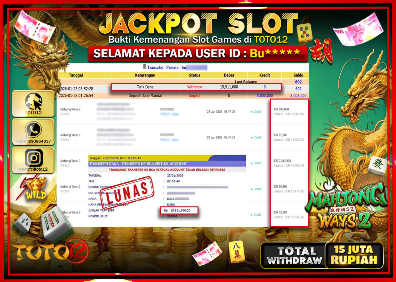 HANYA DI TOTO12 JP PASTI DI BAYAR LUNAS DAN CEPAT!!!!!! JACKPOT SLOT GAME (MAHJONG WAYS 2) Rp.15.911.000 !!!!