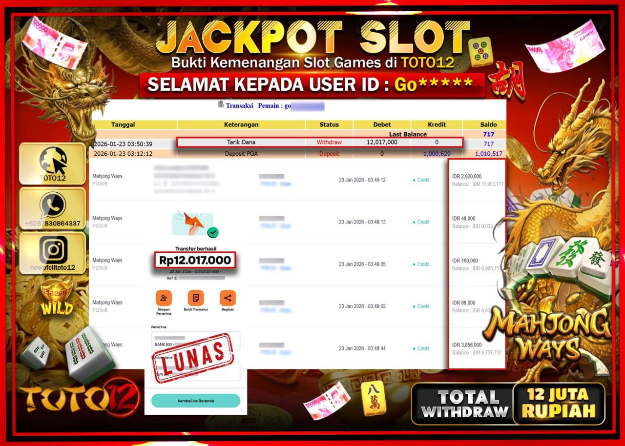 HANYA DI TOTO12 JP PASTI DI BAYAR LUNAS DAN CEPAT!!!!!! JACKPOT SLOT GAME (MAHJONG WAYS) Rp.12.017.000 !!!!