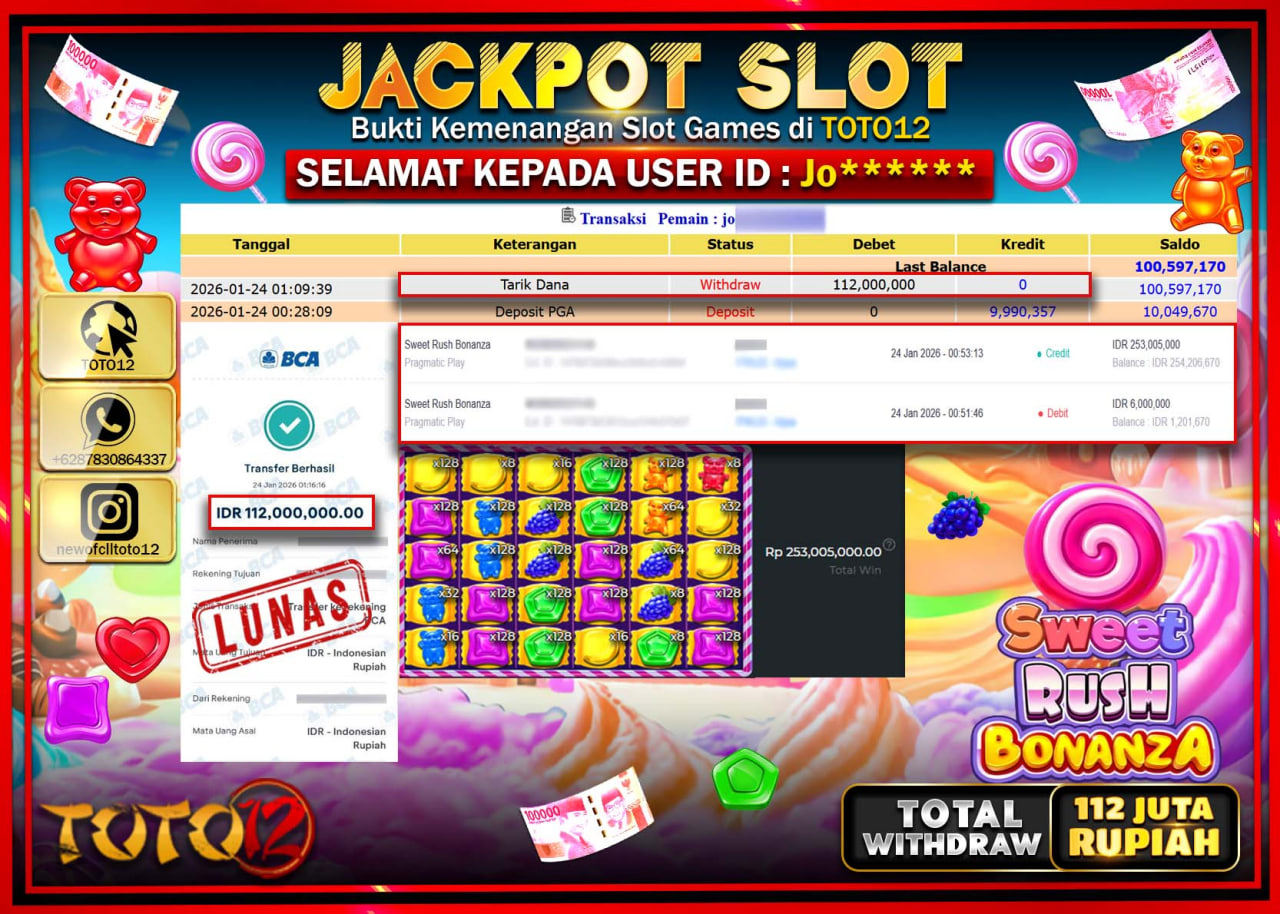 HANYA DI TOTO12 JP PASTI DI BAYAR LUNAS DAN CEPAT!!!!!! JACKPOT SLOT GAME (SWEET RUSH BONANZA) Rp.112.000.000 !!!!