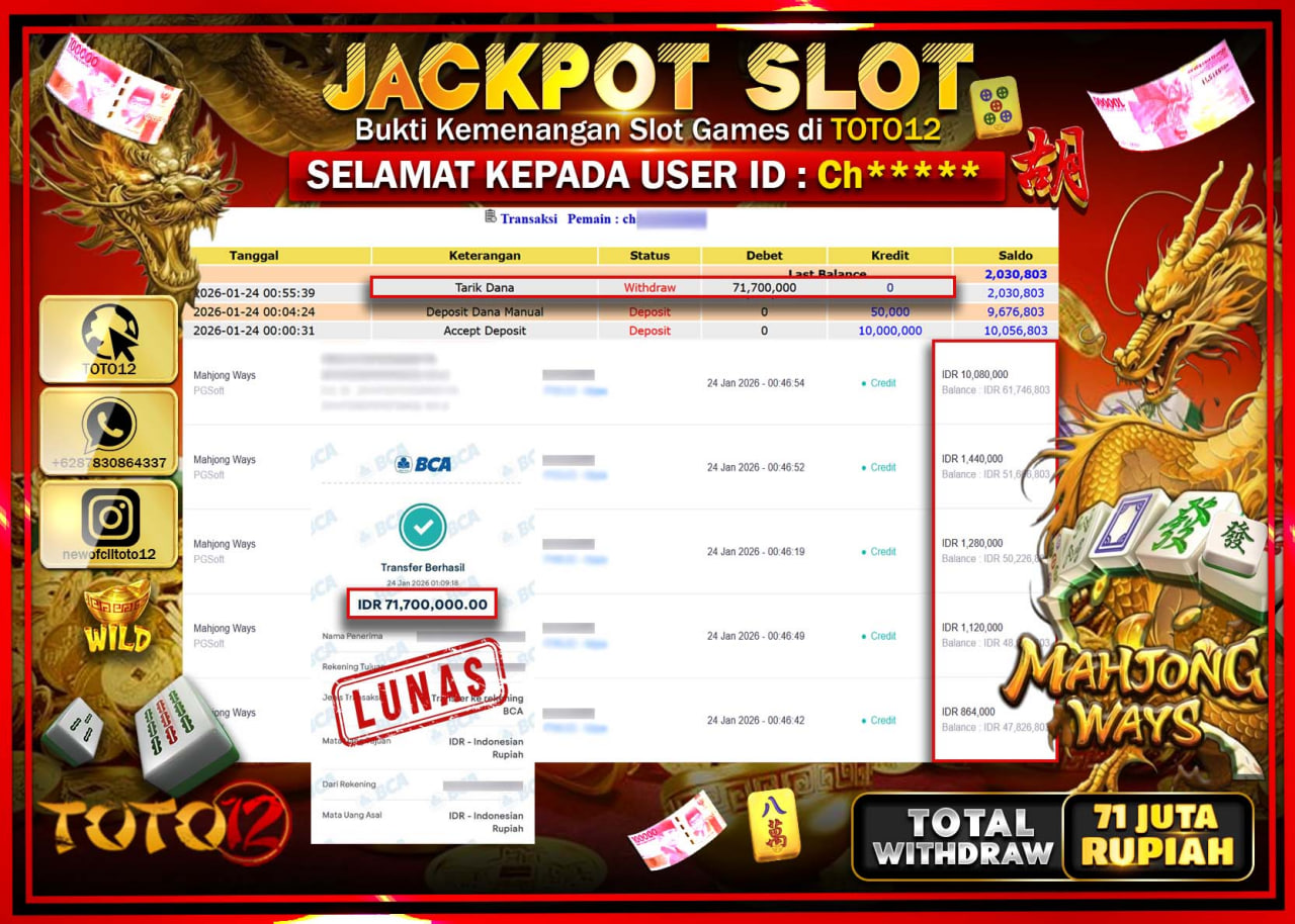 HANYA DI TOTO12 JP PASTI DI BAYAR LUNAS DAN CEPAT!!!!!! JACKPOT SLOT GAME (MAHJONG WAYS) Rp.71.700.000 !!!!