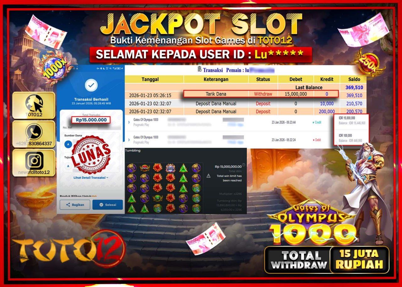 HANYA DI TOTO12 JP PASTI DI BAYAR LUNAS DAN CEPAT!!!!!! JACKPOT SLOT GAME (GATES OF OLYMPUS 1000) Rp.15.000.000 !!!!