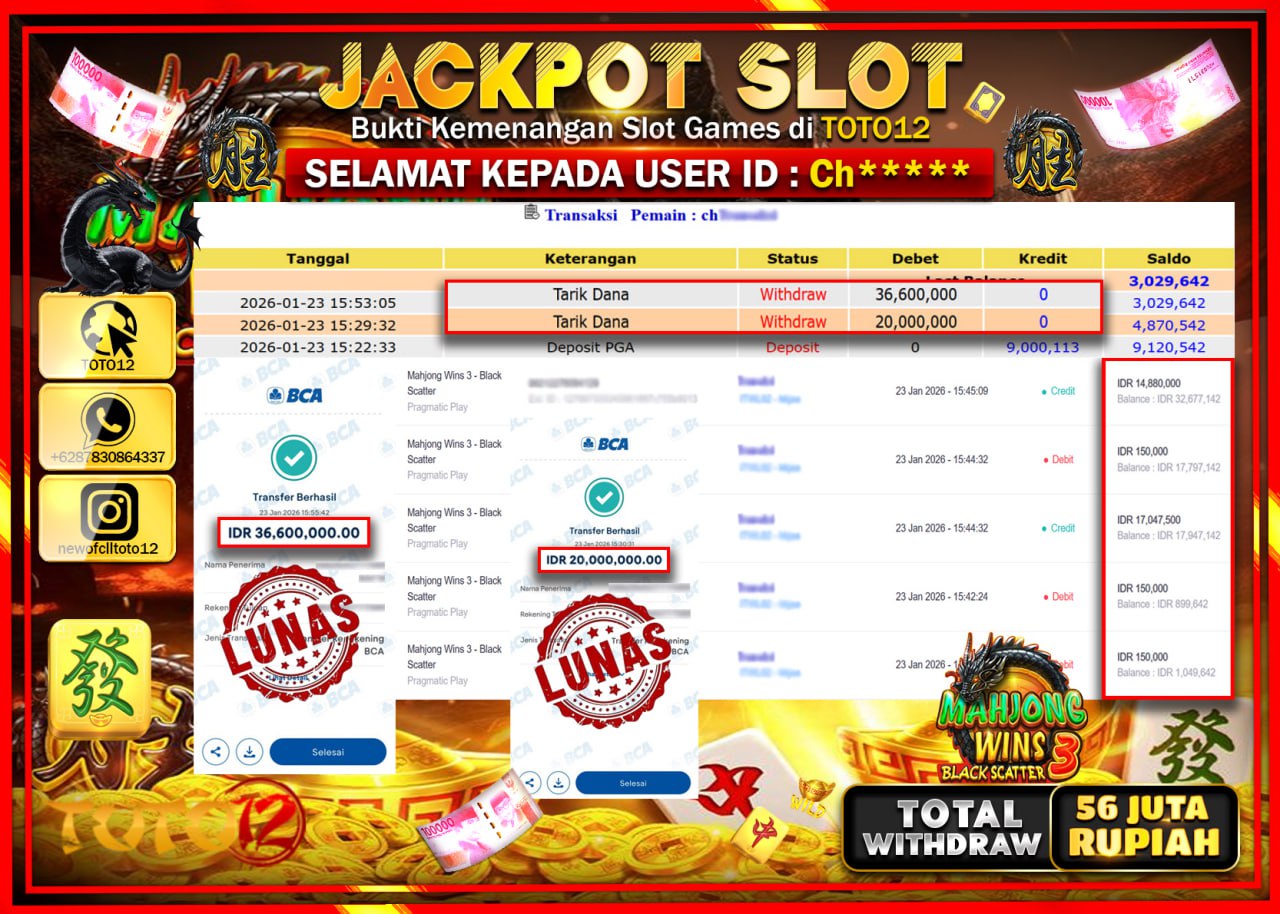 HANYA DI TOTO12 JP PASTI DI BAYAR LUNAS DAN CEPAT!!!!!! JACKPOT SLOT GAME (MAHJONG  WINS 3 BLACK SCATTER ) Rp.56.600.000 !!!!