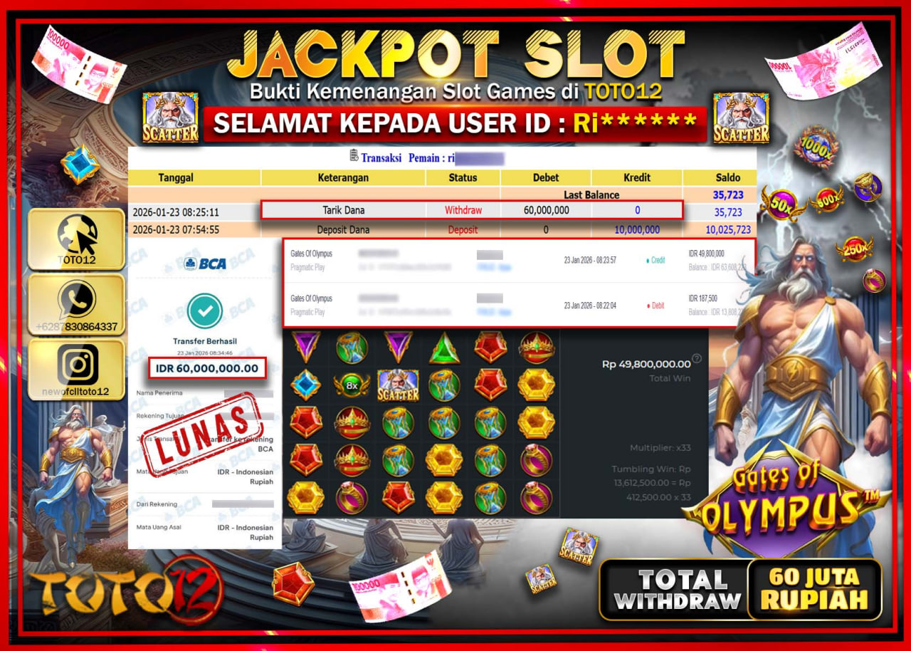 HANYA DI TOTO12 JP PASTI DI BAYAR LUNAS DAN CEPAT!!!!!! JACKPOT SLOT GAME (GATES OF OLYMPUS) Rp.60.000.000 !!!!