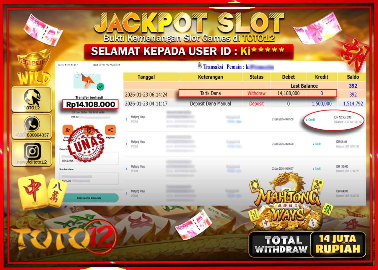 HANYA DI TOTO12 JP PASTI DI BAYAR LUNAS DAN CEPAT!!!!!! JACKPOT SLOT GAME (MAHJONG WAYS) Rp.14.000.000 !!!!