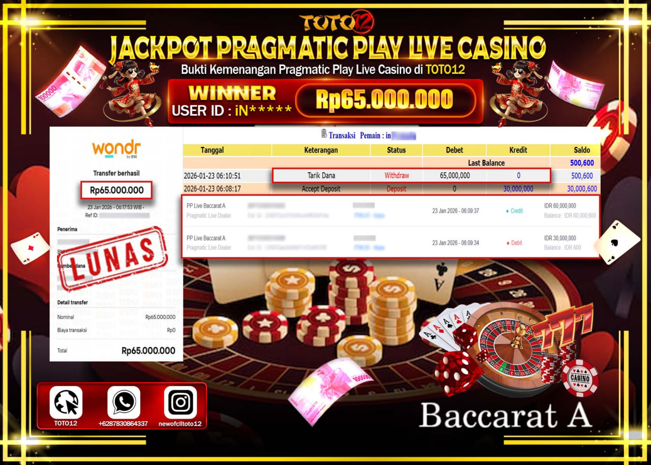 HANYA DI TOTO12 JP PASTI DI BAYAR LUNAS DAN CEPAT!!!!!! JACKPOT PRAGMATIC PLAY LIVE CASINO (BACCARAT A) Rp.65.000.000 !!!!
