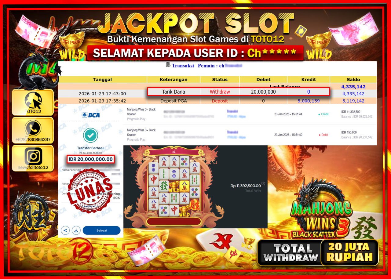 HANYA DI TOTO12 JP PASTI DI BAYAR LUNAS DAN CEPAT!!!!!! JACKPOT SLOT GAME (MAHJONG WINS 3 BLACK SCATTER) Rp.20.000.000 !!!!