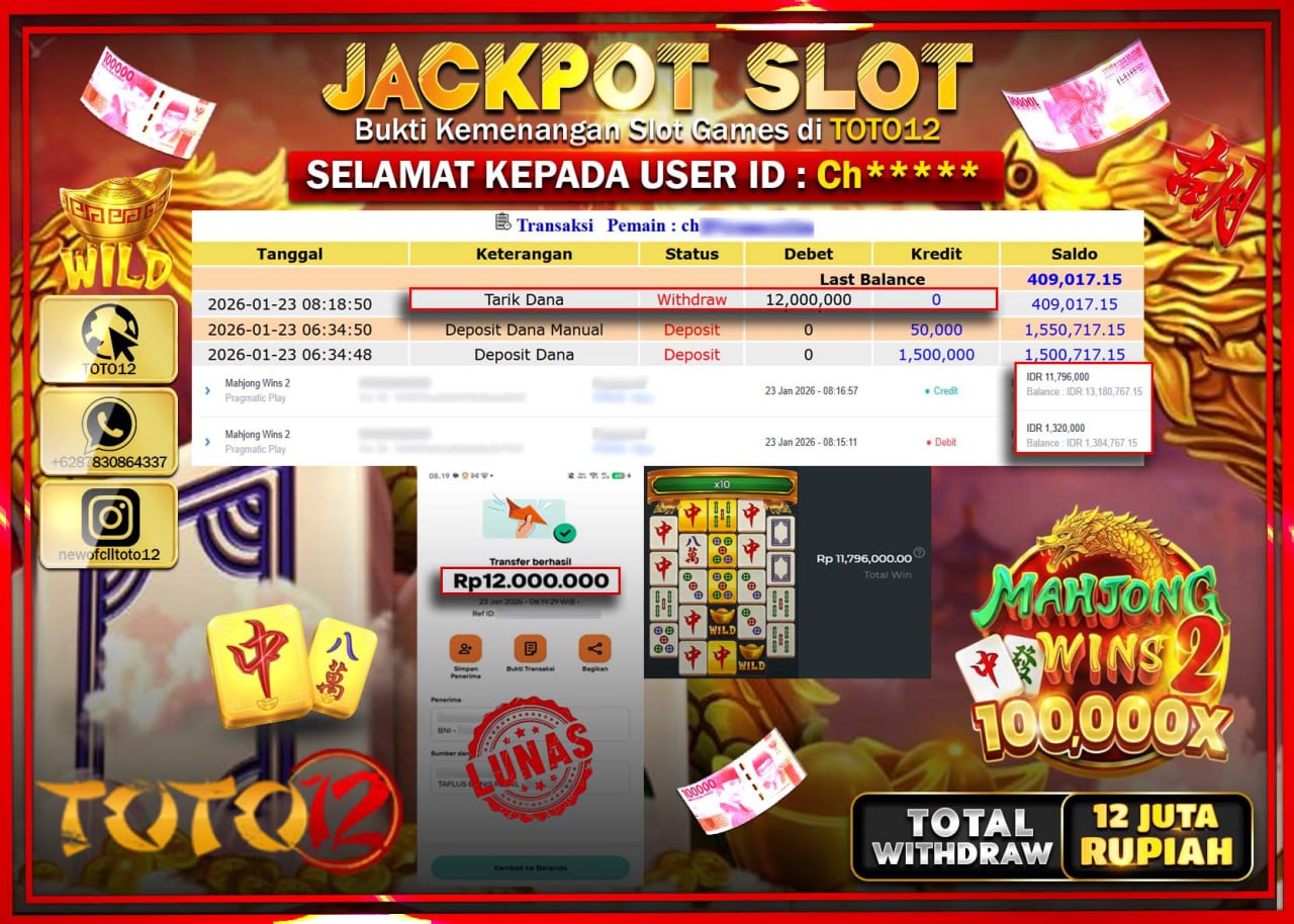HANYA DI TOTO12 JP PASTI DI BAYAR LUNAS DAN CEPAT!!!!!! JACKPOT SLOT GAME (MAHJONG WINS 2) Rp.12.000.000 !!!!