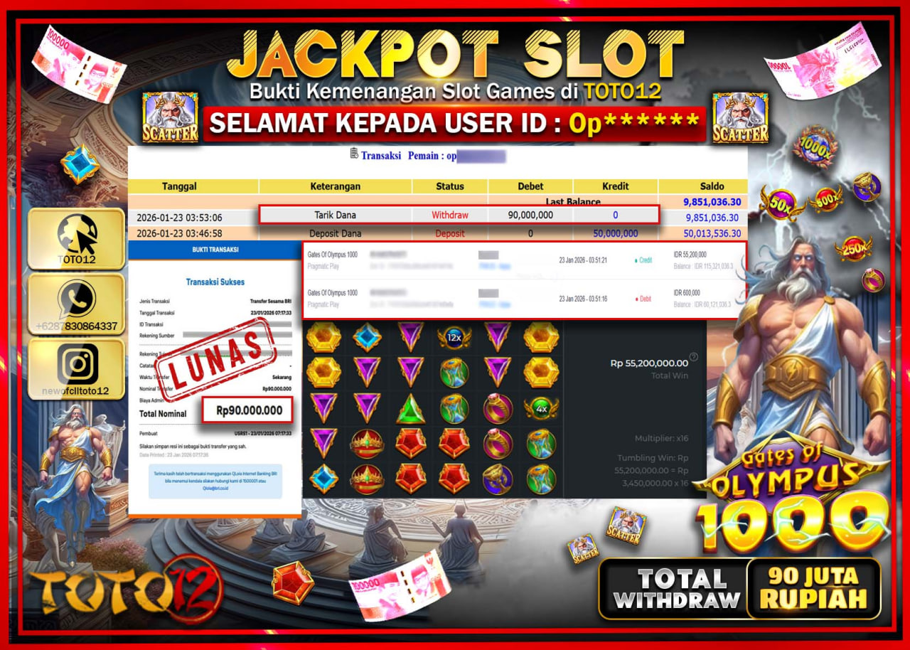 HANYA DI TOTO12 JP PASTI DI BAYAR LUNAS DAN CEPAT!!!!!! JACKPOT SLOT GAME (GATES OF OLYMPUS 1000) Rp.90.000.000 !!!!