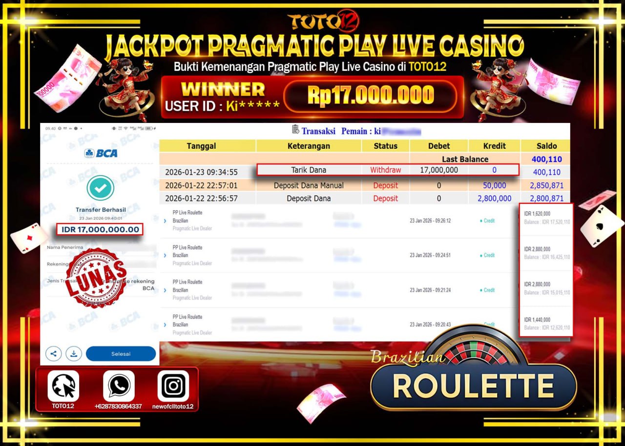 HANYA DI TOTO12 JP PASTI DI BAYAR LUNAS DAN CEPAT!!!!!! JACKPOT PRAGMATIC PLAY LIVE CASINO (ROULETTE BRAZILIAN) Rp.17.000.000 !!!!