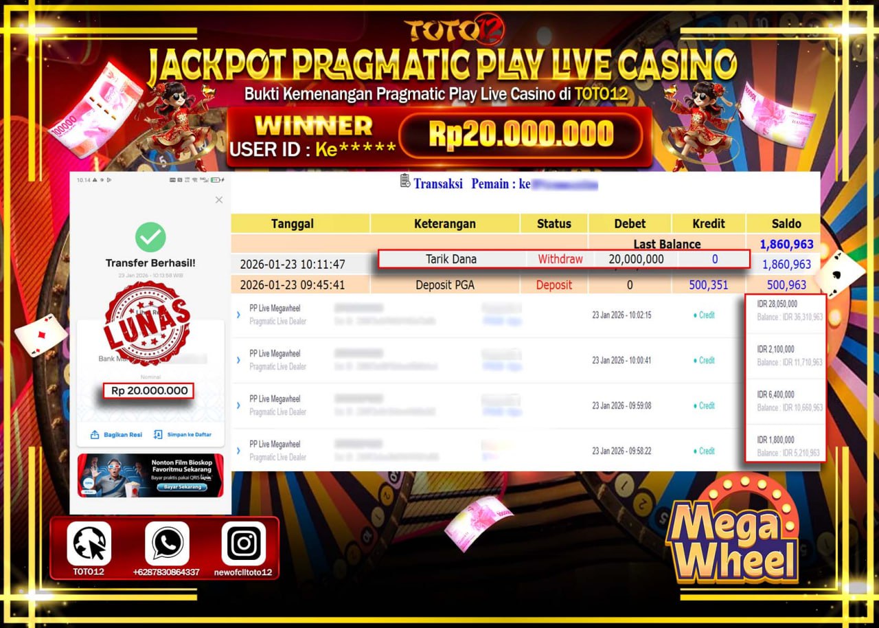 HANYA DI TOTO12 JP PASTI DI BAYAR LUNAS DAN CEPAT!!!!!! JACKPOT PRAGMATIC PLAY LIVE CASINO (MEGA WHEEL) Rp.20.000.000 !!!!