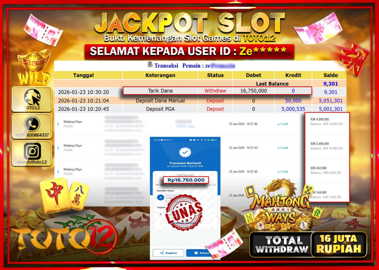 HANYA DI TOTO12 JP PASTI DI BAYAR LUNAS DAN CEPAT!!!!!! JACKPOT SLOT GAME (MAHJONG WAYS) Rp.16.750.000 !!!!