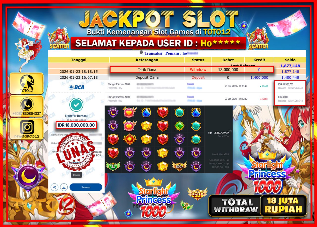 HANYA DI TOTO12 JP PASTI DI BAYAR LUNAS DAN CEPAT!!!!!! JACKPOT SLOT GAME (STARLIGHT PRINCESS 1000) Rp.18.000.000 !!!!