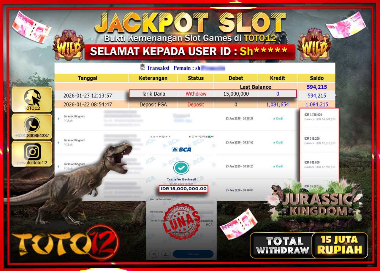 HANYA DI TOTO12 JP PASTI DI BAYAR LUNAS DAN CEPAT!!!!!! JACKPOT SLOT GAME (JURASSIC KINGDOM) Rp.15.000.000 !!!!