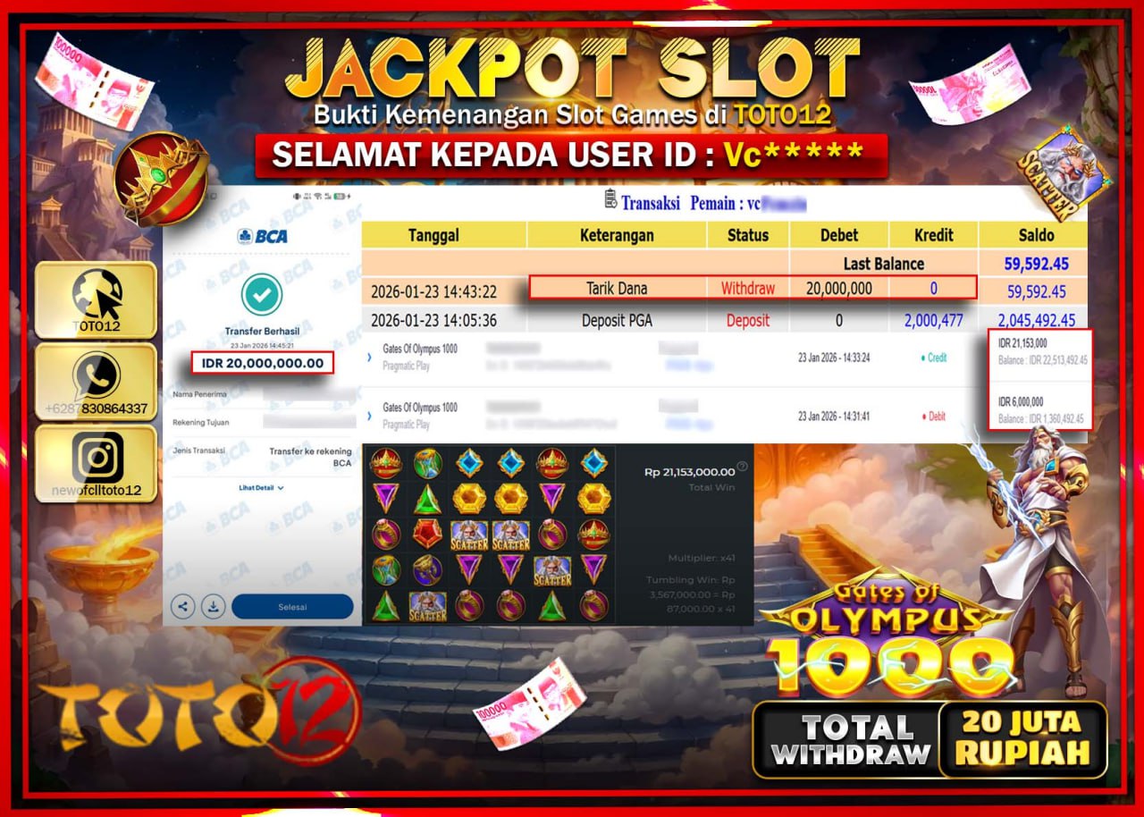 HANYA DI TOTO12 JP PASTI DI BAYAR LUNAS DAN CEPAT!!!!!! JACKPOT SLOT GAME (GATES OF OLYMPUS 1000) Rp.20.000.000 !!!!
