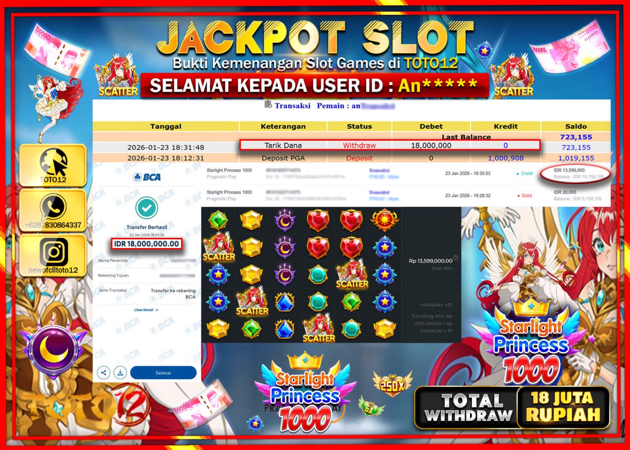 HANYA DI TOTO12 JP PASTI DI BAYAR LUNAS DAN CEPAT!!!!!! JACKPOT SLOT GAME (STARLIGHT PRINCESS 1000) Rp.18.000.000 !!!!