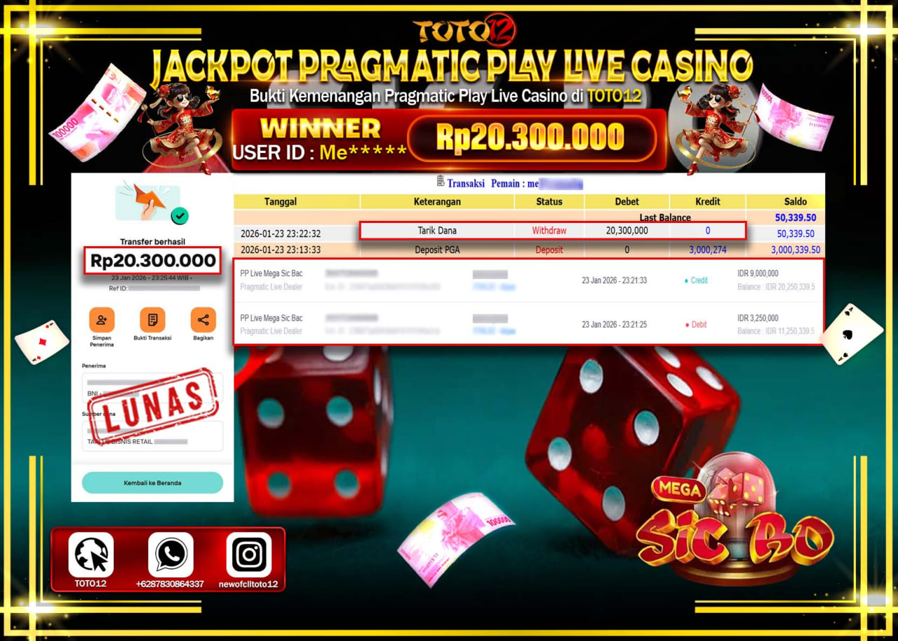 HANYA DI TOTO12 JP PASTI DI BAYAR LUNAS DAN CEPAT!!!!!! JACKPOT PRAGMATIC PLAY LIVE CASINO (MEGA SICBO) Rp.20.300.000 !!!!