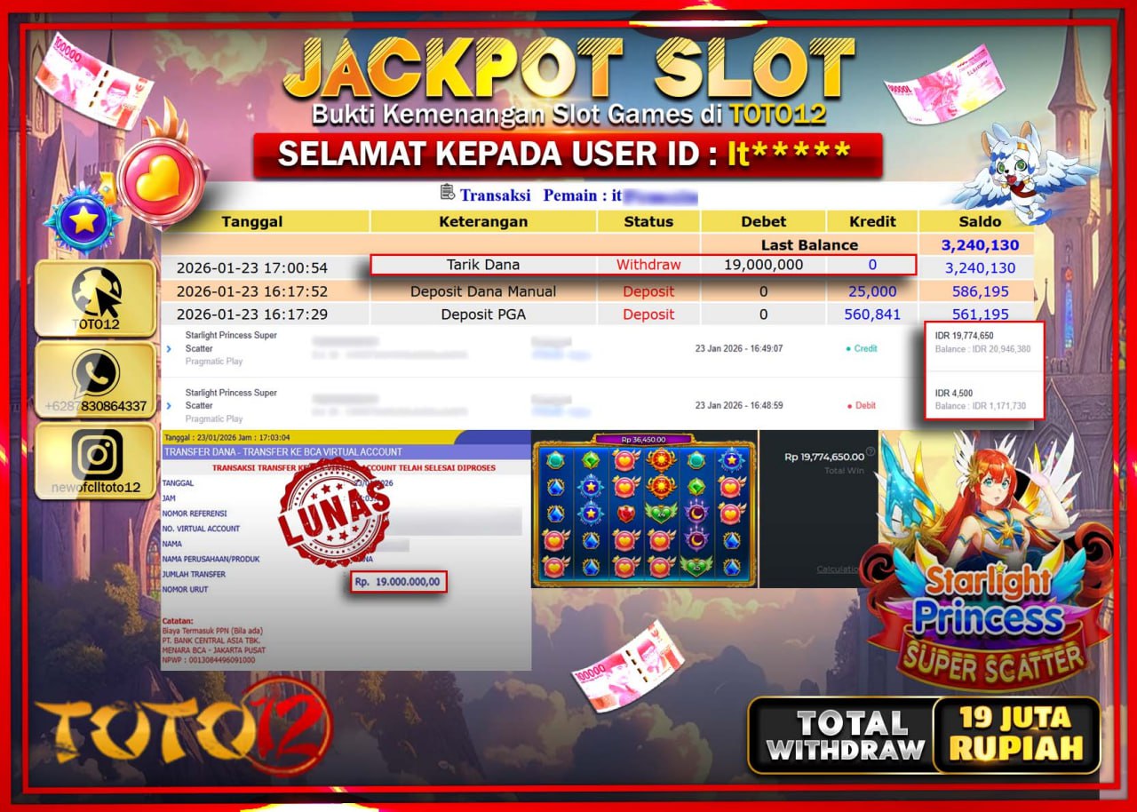 HANYA DI TOTO12 JP PASTI DI BAYAR LUNAS DAN CEPAT!!!!!! JACKPOT SLOT GAME (STARLIGHT PRINCESS SUPER SCATTER) Rp.19.000.000 !!!!