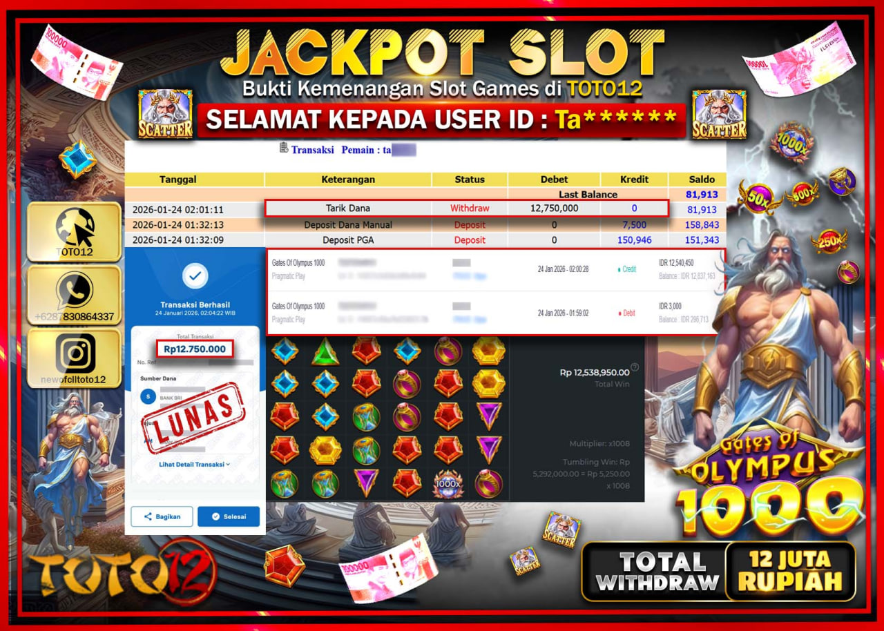 HANYA DI TOTO12 JP PASTI DI BAYAR LUNAS DAN CEPAT!!!!!! JACKPOT SLOT GAME (GATES OF OLYMPUS 1000) Rp.12.750.000 !!!!