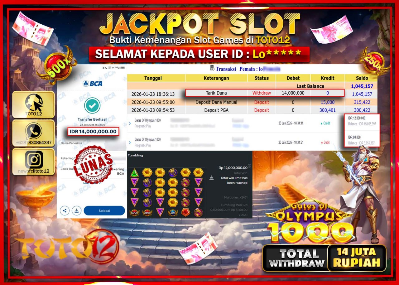 HANYA DI TOTO12 JP PASTI DI BAYAR LUNAS DAN CEPAT!!!!!! JACKPOT SLOT GAME (GATES OF OLYMPUS 1000) Rp.14.000.000 !!!!
