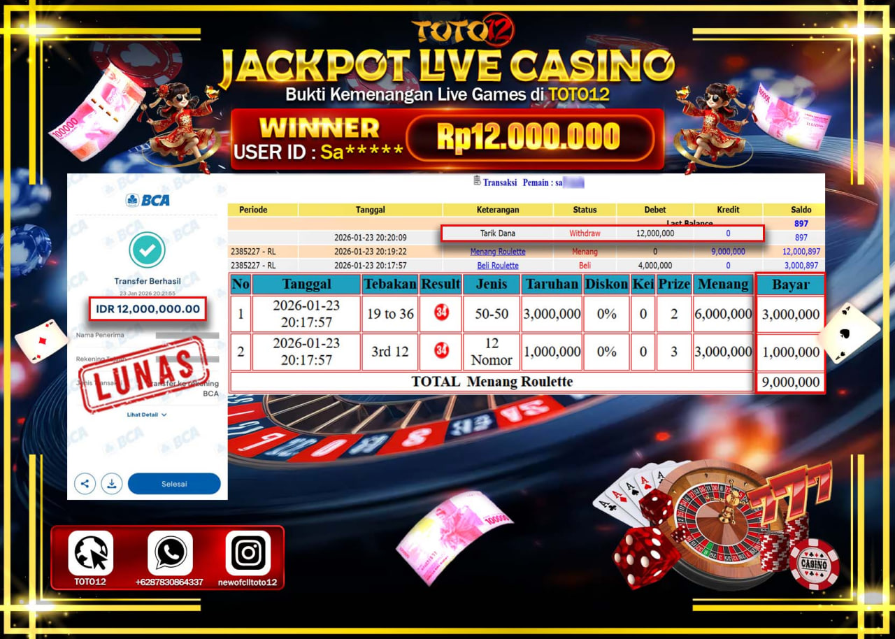 HANYA DI TOTO12 JP PASTI DI BAYAR LUNAS DAN CEPAT!!!!!! JACKPOT LIVE GAMES CASINO (ROULETTE) Rp.12.000.000 !!!!