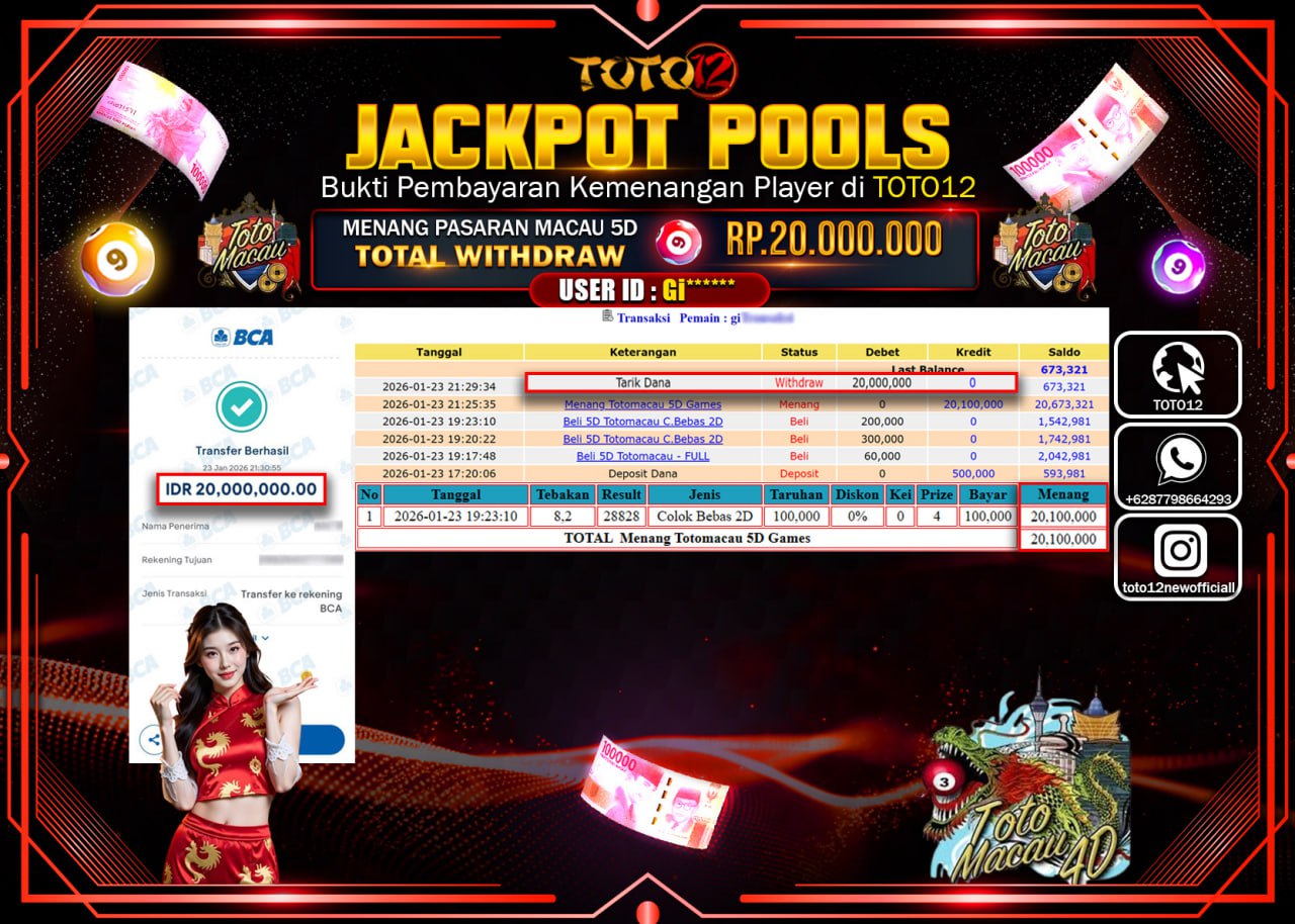 HANYA DI TOTO12 JP PASTI DI BAYAR LUNAS DAN CEPAT!!!!!! JACKPOT POOLS PASARAN (MACAU5D) Rp.20.000.000 !!!!