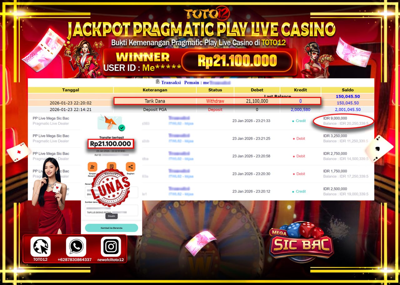 HANYA DI TOTO12 JP PASTI DI BAYAR LUNAS DAN CEPAT!!!!!! JACKPOT PRAGMATIC PLAY LIVE CASINO (MEGA SIC BAC) Rp.21.100.000 !!!!