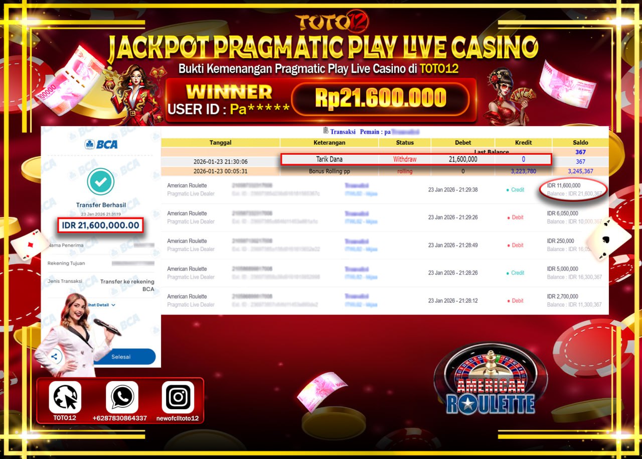 HANYA DI TOTO12 JP PASTI DI BAYAR LUNAS DAN CEPAT!!!!!! JACKPOT PRAGMATIC PLAY LIVE CASINO (AMERICAN ROULETTE) Rp.21.600.000 !!!!