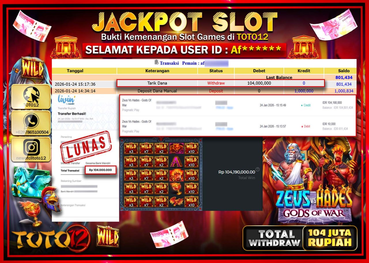 HANYA DI TOTO12 JP PASTI DI BAYAR LUNAS DAN CEPAT!!!!!! JACKPOT SLOT GAME (ZEUS VS HADES GODS OF WAR) Rp.104.000.000 !!!!