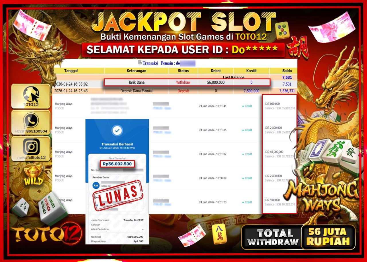 HANYA DI TOTO12 JP PASTI DI BAYAR LUNAS DAN CEPAT!!!!!! JACKPOT SLOT GAME (MAHJONG WAYS) Rp.56.000.000 !!!!