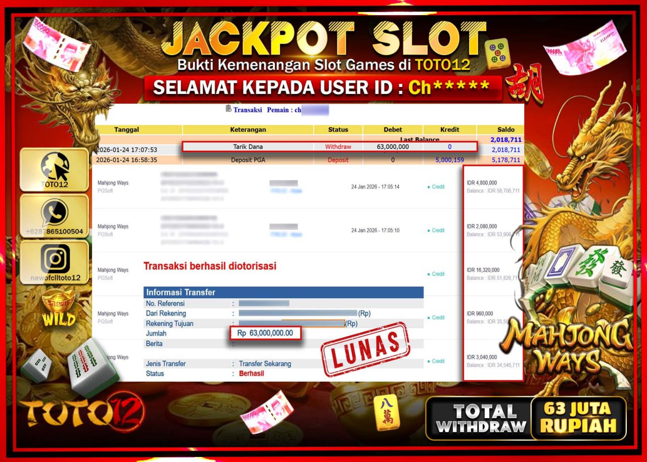 HANYA DI TOTO12 JP PASTI DI BAYAR LUNAS DAN CEPAT!!!!!! JACKPOT SLOT GAME (MAHJONG WAYS) Rp.63.000.000 !!!!