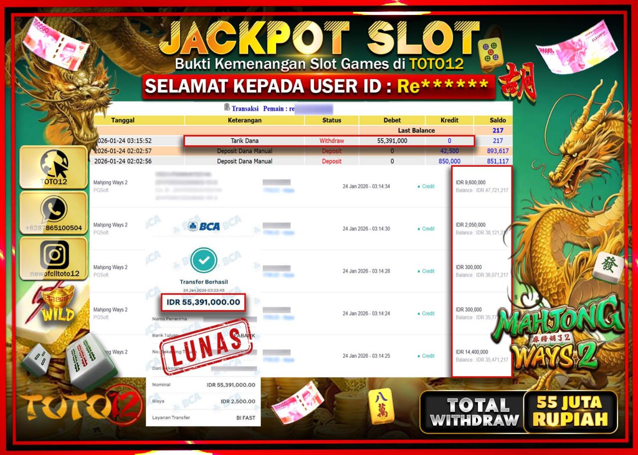 HANYA DI TOTO12 JP PASTI DI BAYAR LUNAS DAN CEPAT!!!!!! JACKPOT SLOT GAME (MAHJONG WAYS 2) Rp.55.391.000 !!!!