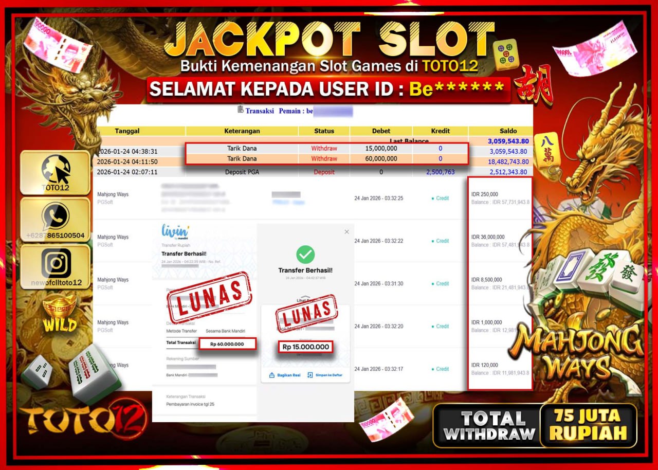 HANYA DI TOTO12 JP PASTI DI BAYAR LUNAS DAN CEPAT!!!!!! JACKPOT SLOT GAME (MAHJONG WAYS) Rp.75.000.000 !!!!