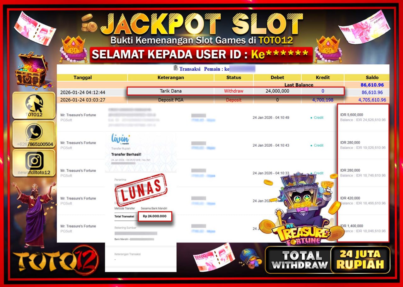 HANYA DI TOTO12 JP PASTI DI BAYAR LUNAS DAN CEPAT!!!!!! JACKPOT SLOT GAME (MR TREASURE FORTUNE) Rp.24.000.000 !!!!