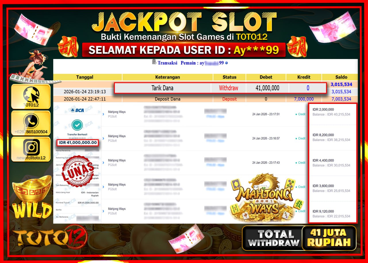 HANYA DI TOTO12 JP PASTI DI BAYAR LUNAS DAN CEPAT!!!!!! JACKPOT SLOT GAME (MAHJONG WAYS) Rp.41.000.000 !!!!