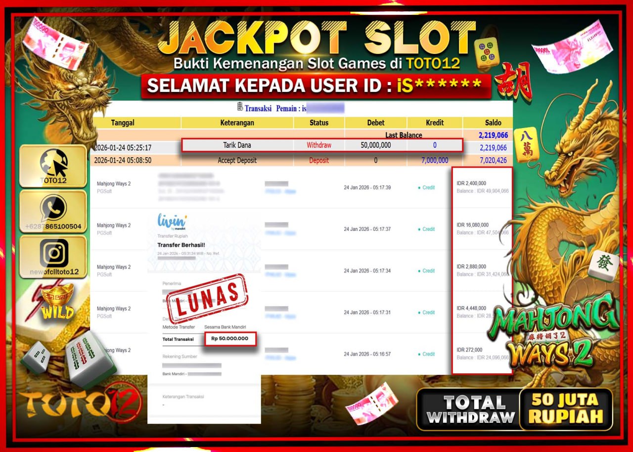 HANYA DI TOTO12 JP PASTI DI BAYAR LUNAS DAN CEPAT!!!!!! JACKPOT SLOT GAME (MAHJONG WAYS 2) Rp.50.000.000 !!!!
