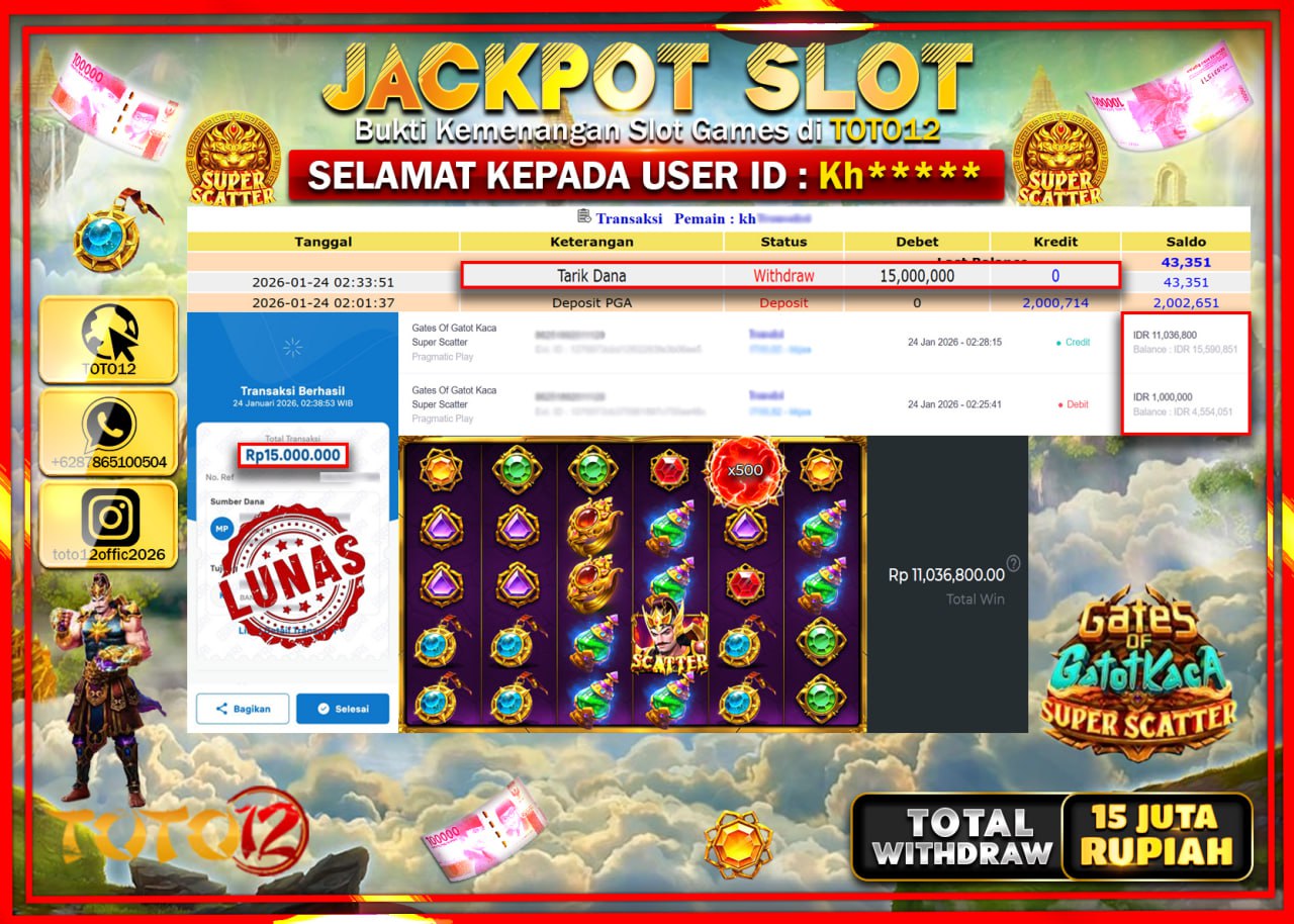 HANYA DI TOTO12 JP PASTI DI BAYAR LUNAS DAN CEPAT!!!!!! JACKPOT SLOT GAME (GATES OF GATOT KACA SUPER SCATTER) Rp.15.000.000 !!!!