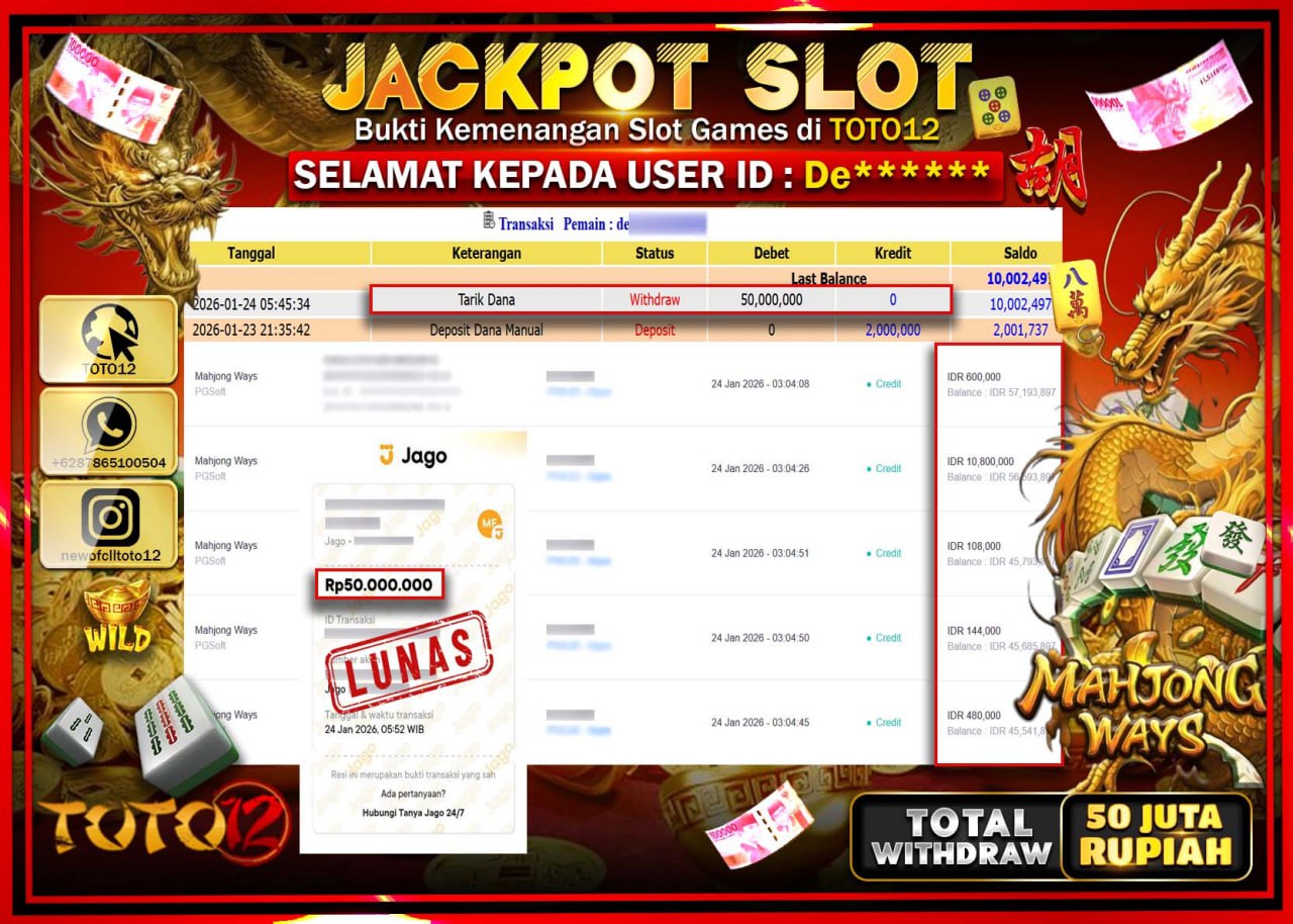 HANYA DI TOTO12 JP PASTI DI BAYAR LUNAS DAN CEPAT!!!!!! JACKPOT SLOT GAME (MAHJONG WAYS) Rp.50.000.000 !!!!