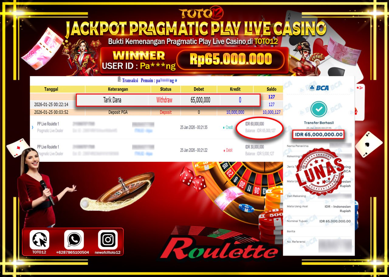 HANYA DI TOTO12 JP PASTI DI BAYAR LUNAS DAN CEPAT!!!!!! JACKPOT PRAGMATIC PLAY LIVE CASINO (ROULETTE) Rp.65.000.000 !!!!