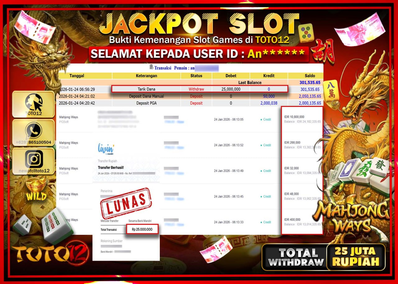 HANYA DI TOTO12 JP PASTI DI BAYAR LUNAS DAN CEPAT!!!!!! JACKPOT SLOT GAME (MAHJONG WAYS) Rp.25.000.000 !!!!