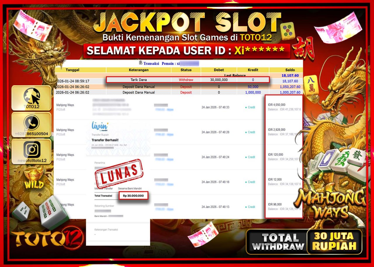 HANYA DI TOTO12 JP PASTI DI BAYAR LUNAS DAN CEPAT!!!!!! JACKPOT SLOT GAME (MAHJONG WAYS) Rp.30.000.000 !!!!