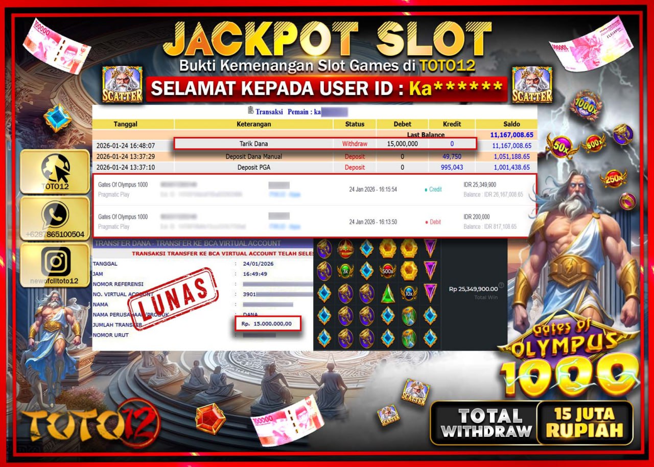 HANYA DI TOTO12 JP PASTI DI BAYAR LUNAS DAN CEPAT!!!!!! JACKPOT SLOT GAME (GATES OF OLYMPUS 1000) Rp.15.000.000 !!!!
