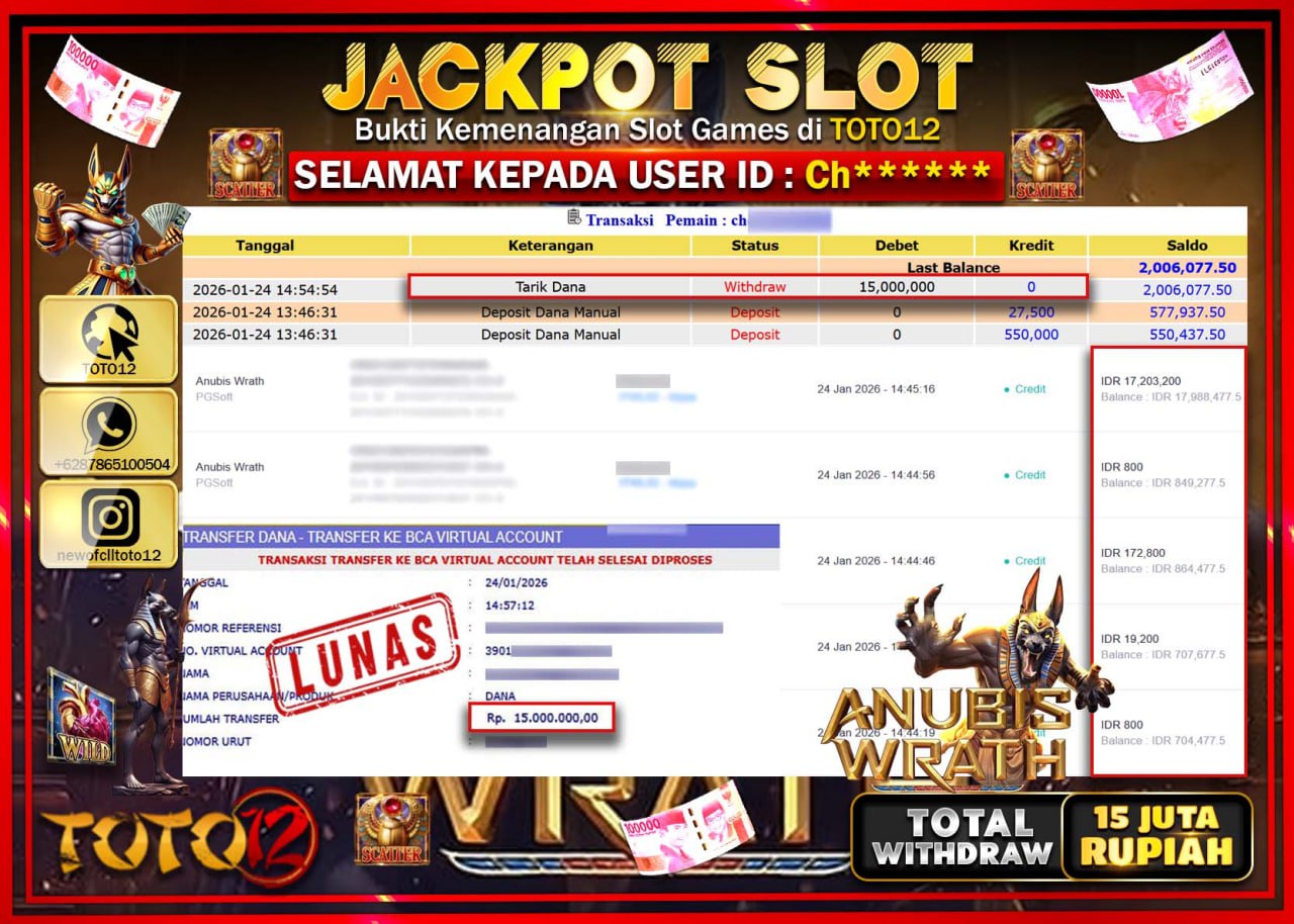 HANYA DI TOTO12 JP PASTI DI BAYAR LUNAS DAN CEPAT!!!!!! JACKPOT SLOT GAME (ANUBIS WRATH) Rp.15.000.000 !!!!