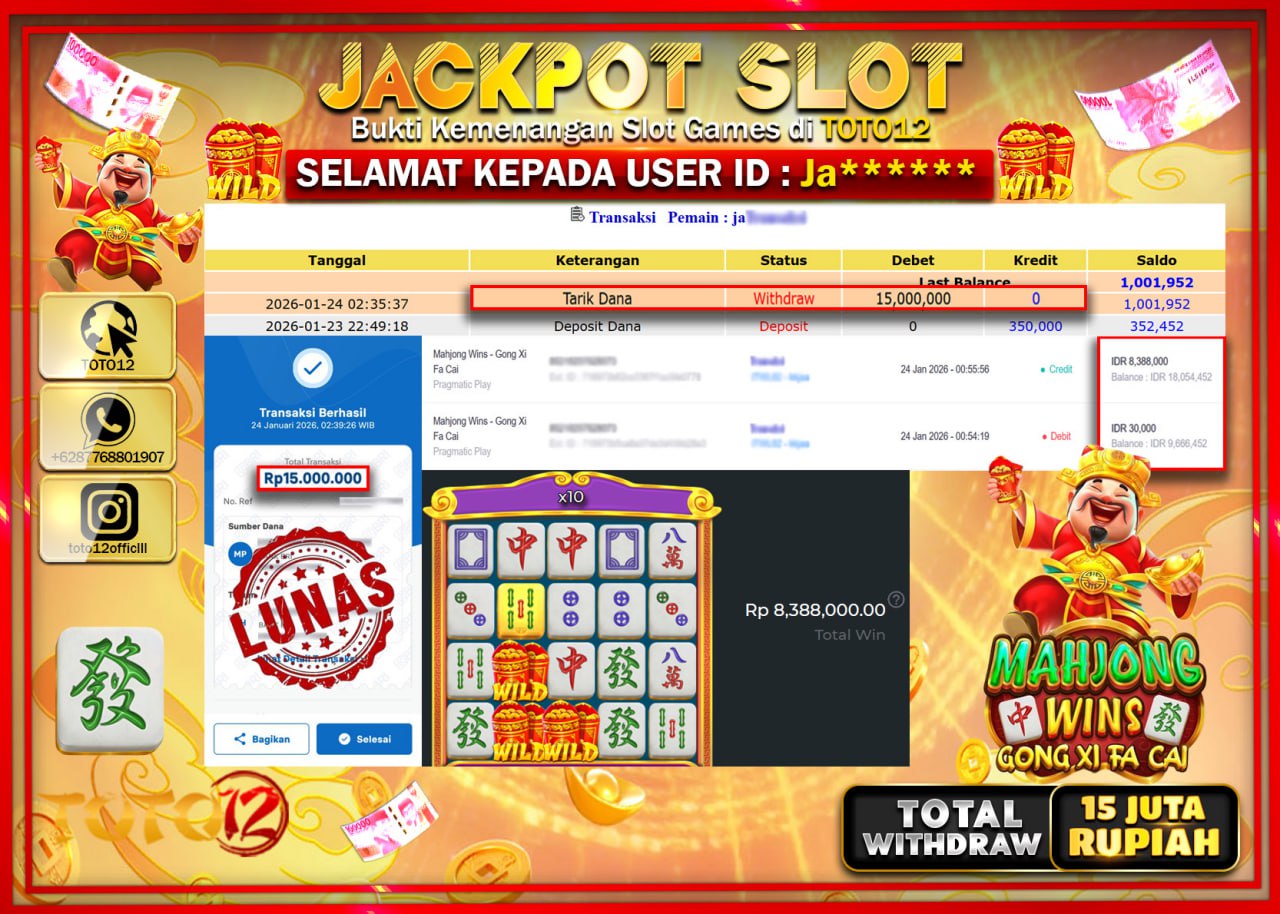 HANYA DI TOTO12 JP PASTI DI BAYAR LUNAS DAN CEPAT!!!!!! JACKPOT SLOT GAME (MAHJONG WINS GONG XI FA CAI) Rp.15.000.000 !!!!