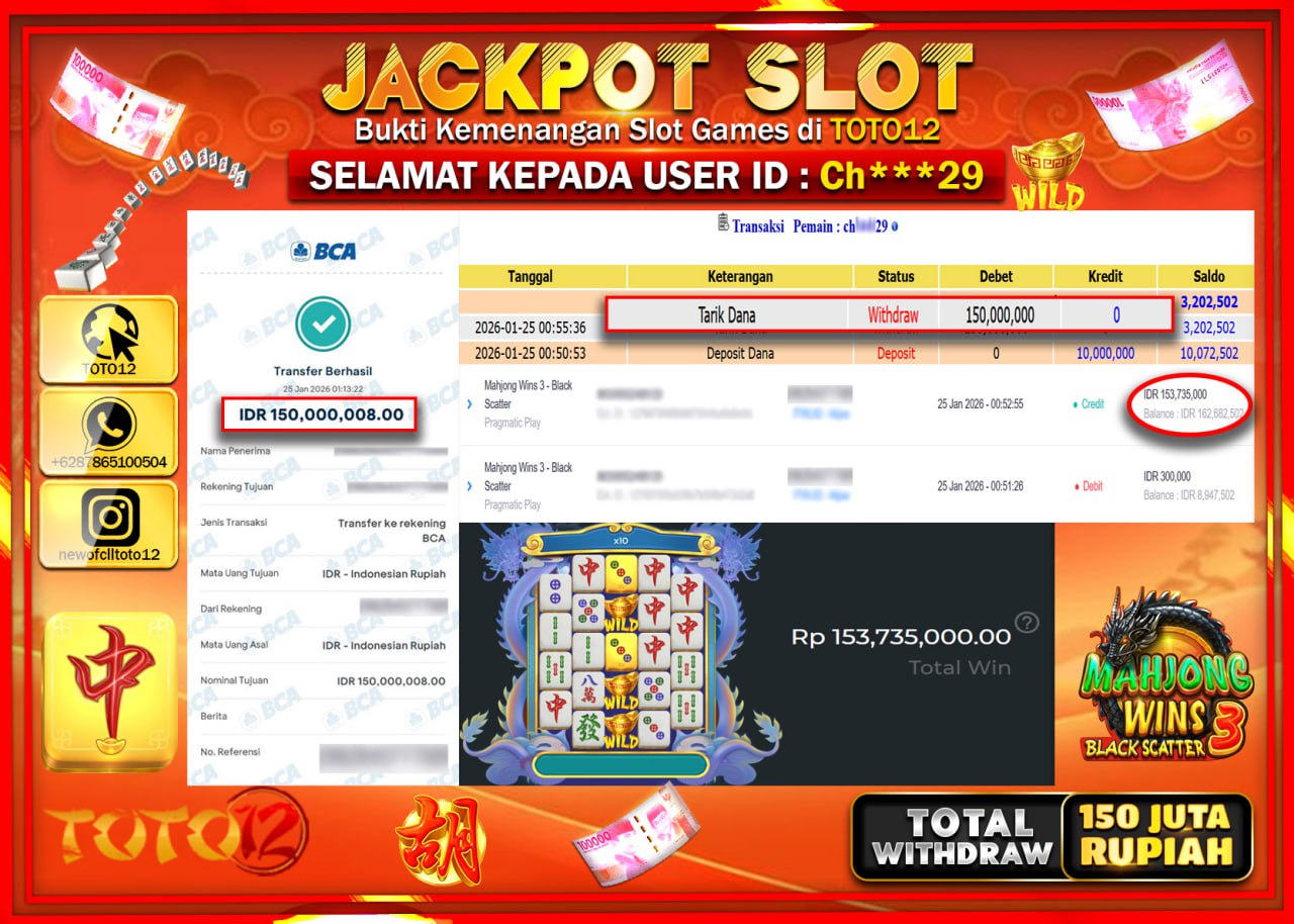 HANYA DI TOTO12 JP PASTI DI BAYAR LUNAS DAN CEPAT!!!!!! JACKPOT SLOT GAME (MAHJONG WINS 3 BLACK SCATTER) Rp.150.000.000 !!!!