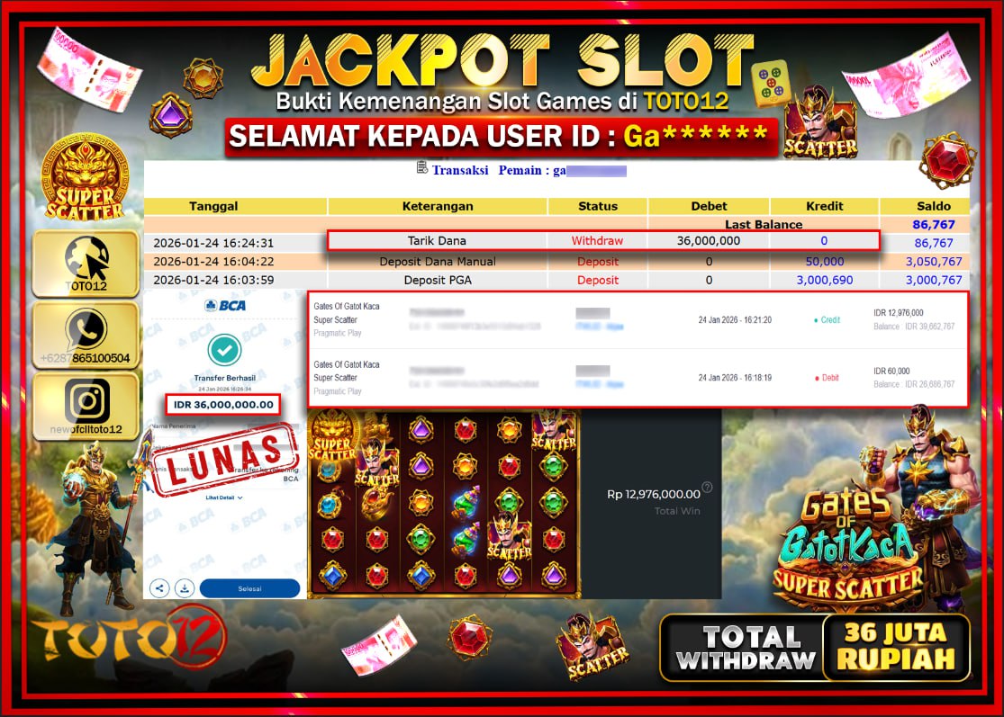 HANYA DI TOTO12 JP PASTI DI BAYAR LUNAS DAN CEPAT!!!!!! JACKPOT SLOT GAME (GATES OF GATOT KACA SUPER SCATTER) Rp.36.000.000 !!!!