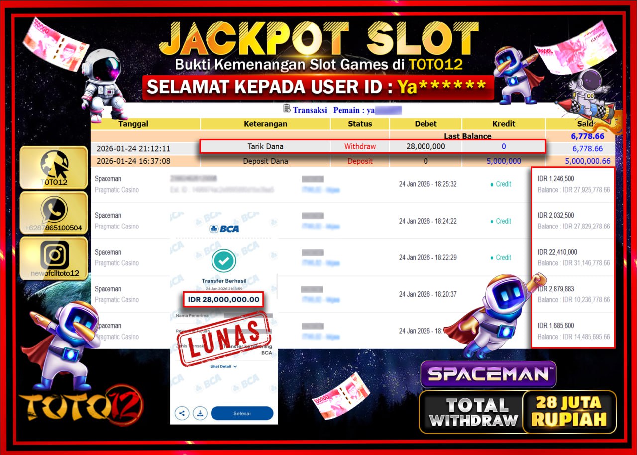 HANYA DI TOTO12 JP PASTI DI BAYAR LUNAS DAN CEPAT!!!!!! JACKPOT SLOT GAME (SPACEMAN) Rp.28.000.000 !!!!