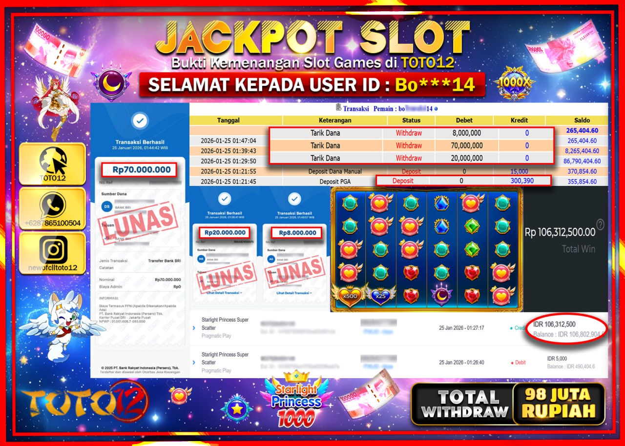 HANYA DI TOTO12 JP PASTI DI BAYAR LUNAS DAN CEPAT!!!!!! JACKPOT SLOT GAME (STARLIGHT PRINCESS 1000) Rp.98.000.000 !!!!