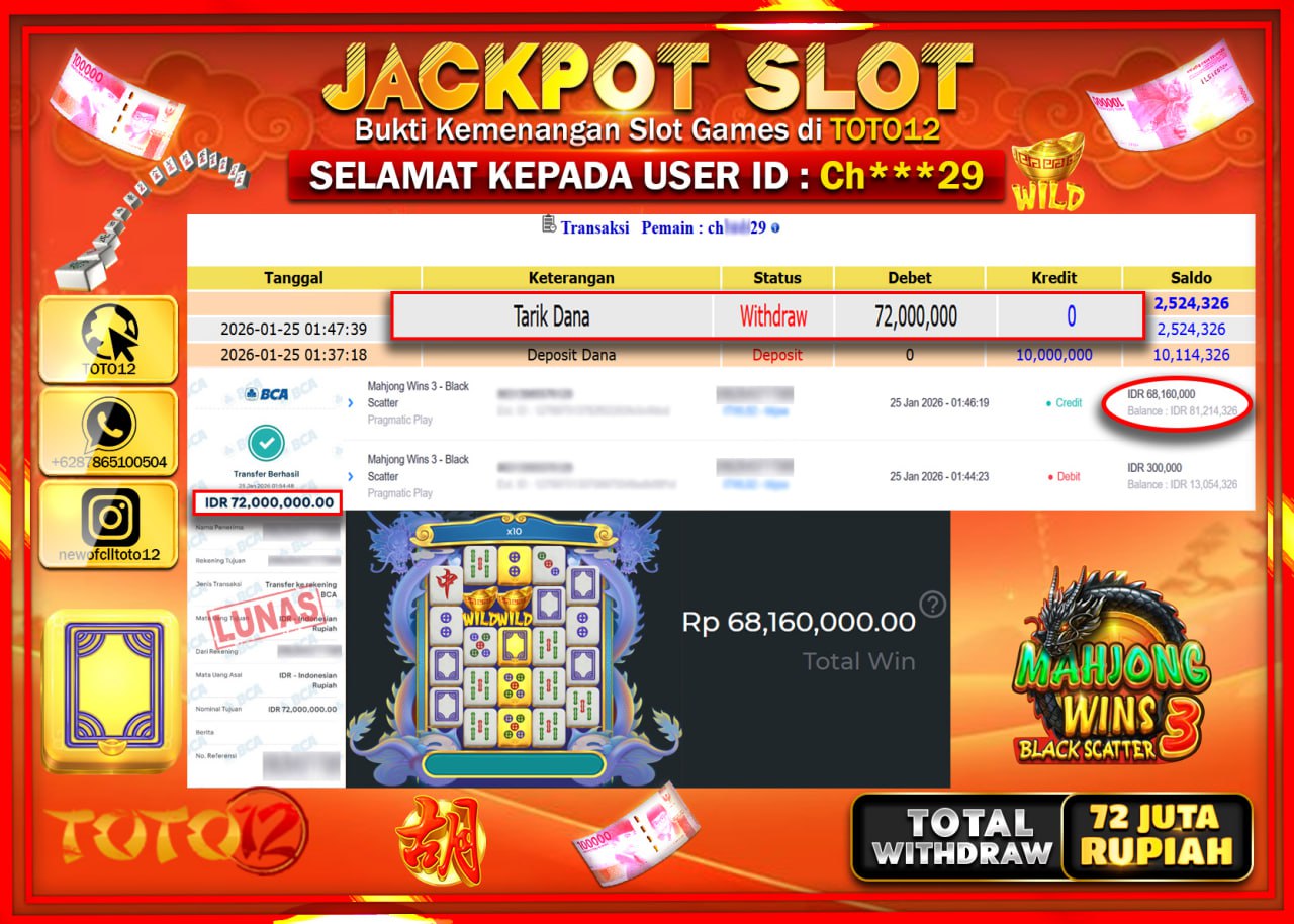 HANYA DI TOTO12 JP PASTI DI BAYAR LUNAS DAN CEPAT!!!!!! JACKPOT SLOT GAME (MAHJONG WINS 3 BLACK SCATTER) Rp.72.000.000 !!!!