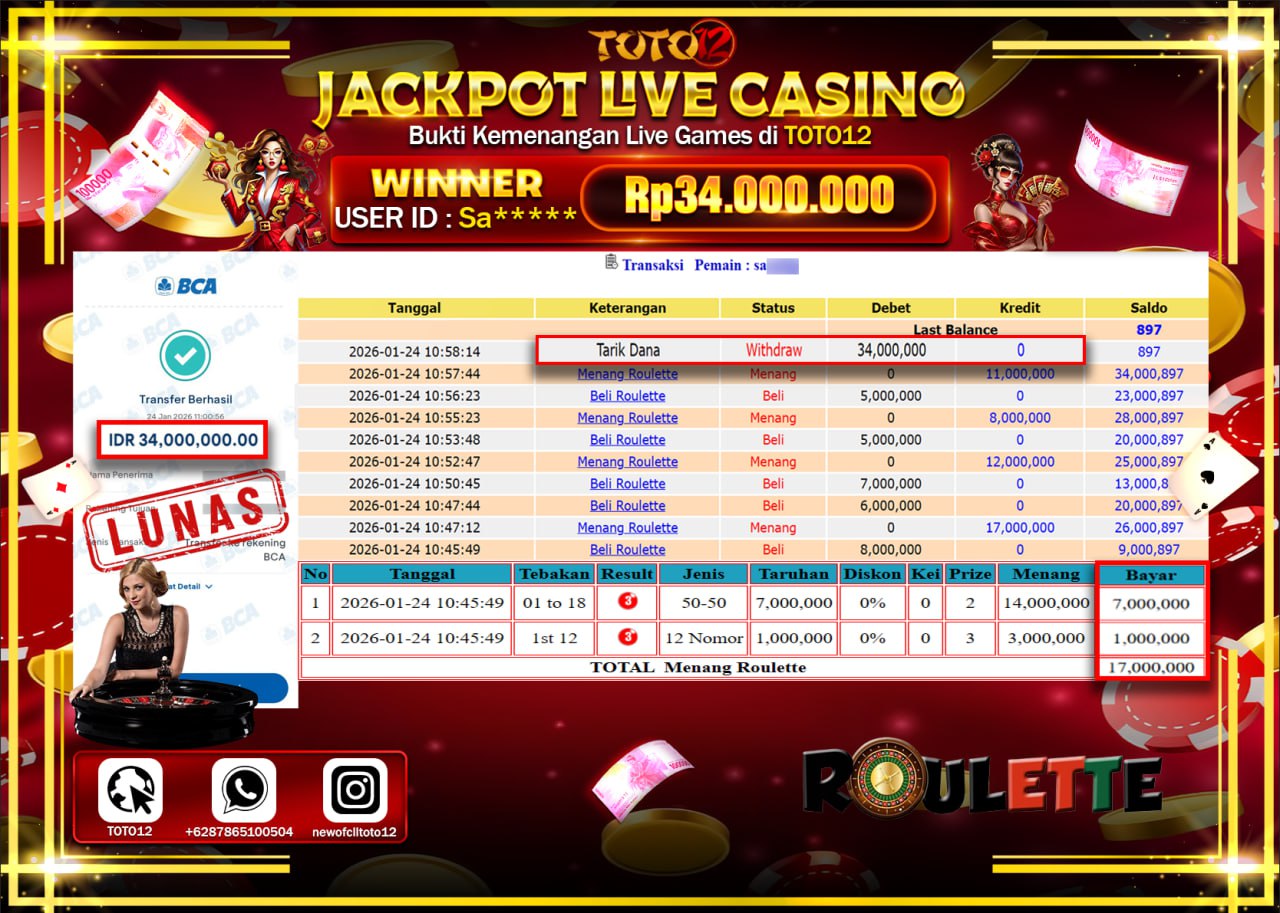 HANYA DI TOTO12 JP PASTI DI BAYAR LUNAS DAN CEPAT!!!!!! JACKPOT LIVE CASINO (ROULETTE) Rp.34.000.000 !!!!