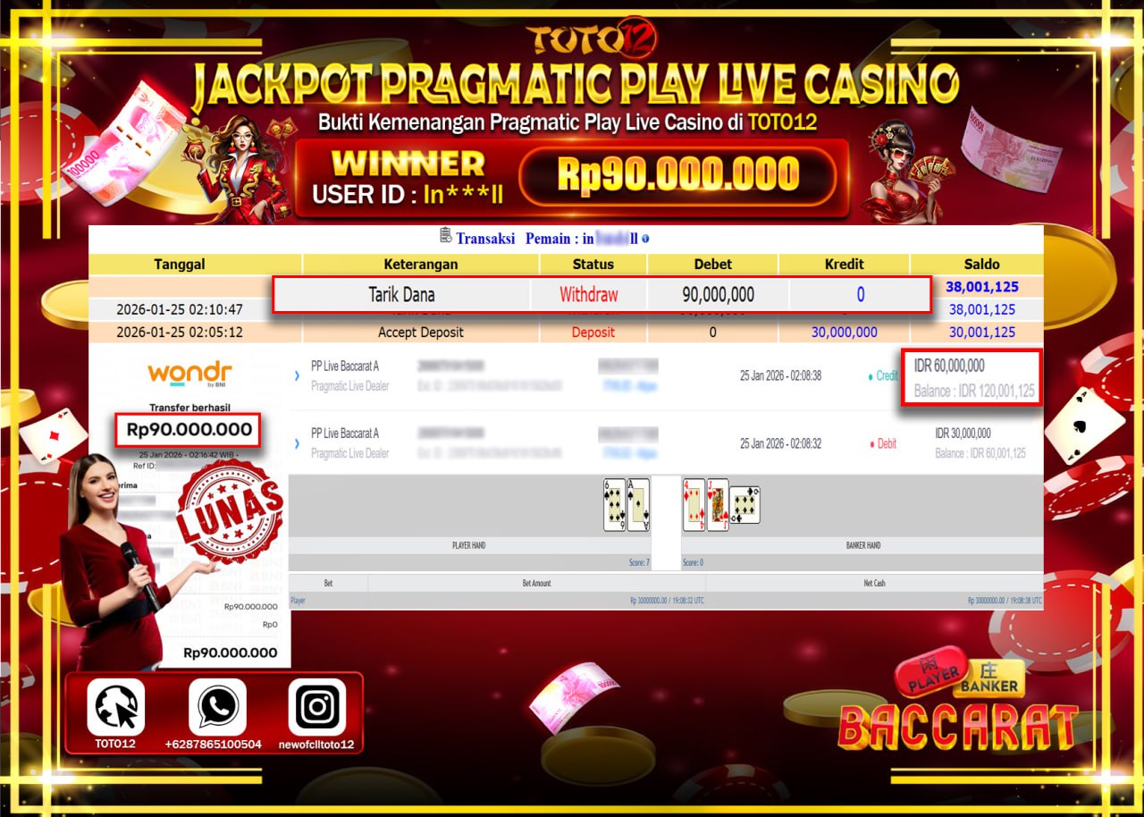 HANYA DI TOTO12 JP PASTI DI BAYAR LUNAS DAN CEPAT!!!!!! JACKPOT PRAGMATIC PLAY LIVE CASINO (LIVE BACCARAT) Rp.90.000.000 !!!!
